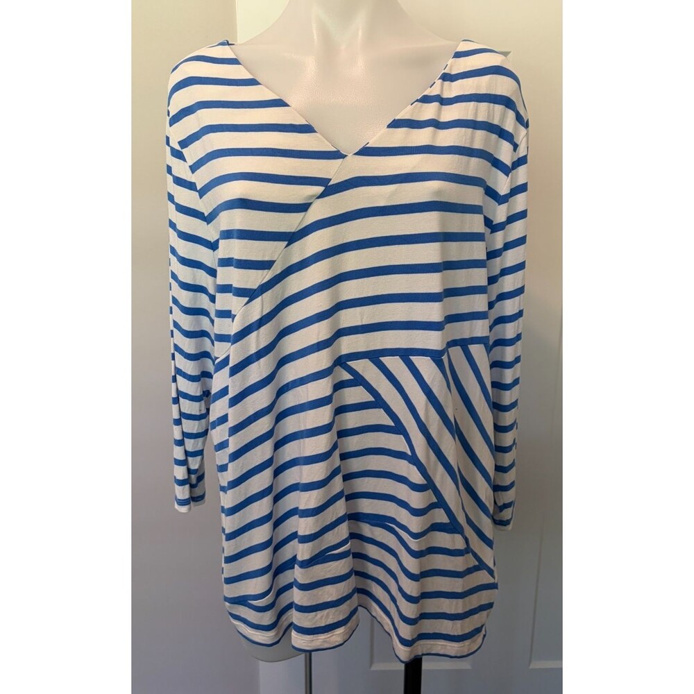 TALBOTS Womens Knit TOP 3/4 Sleeve BLUE White STRIPE V-Neck Size 2X
